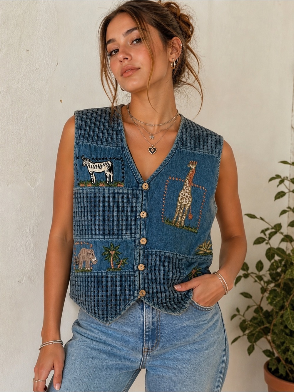 Vintage Denim Vest Embroidered Animals Safari Palm Trees Eclectic Grandma M